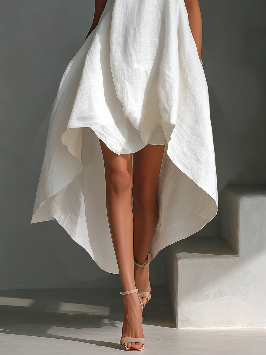 Women's White Linen Fabric Sleeveless Midi Dress With Round Neck