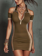 Cold Shoulder Half-Zip Polo Bodycon Mini Dress