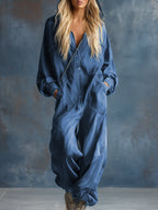 Casual Loose-fit Hooded Blue Denim Button-front Long-sleeved Jumpsuit