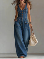 Women's Washed Denim Loose-Fit Sleeveless Jumpsuit