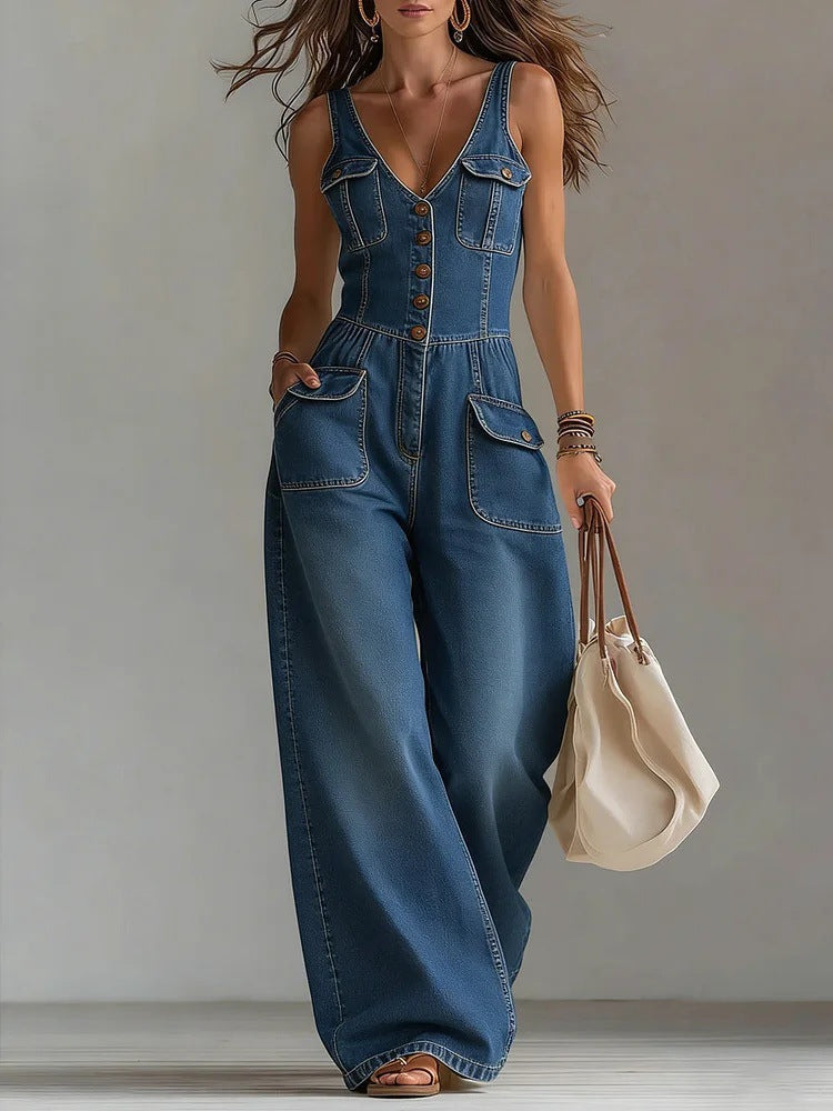 Women's Washed Denim Loose-Fit Sleeveless Jumpsuit