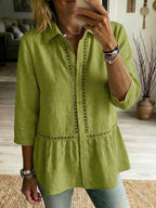 Casual Patchwork Openwork Webbing Linen And Cotton Shirt