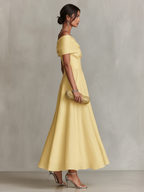 Yellow Linen Dress With One-Shoulder Neckline & Fitted Waist