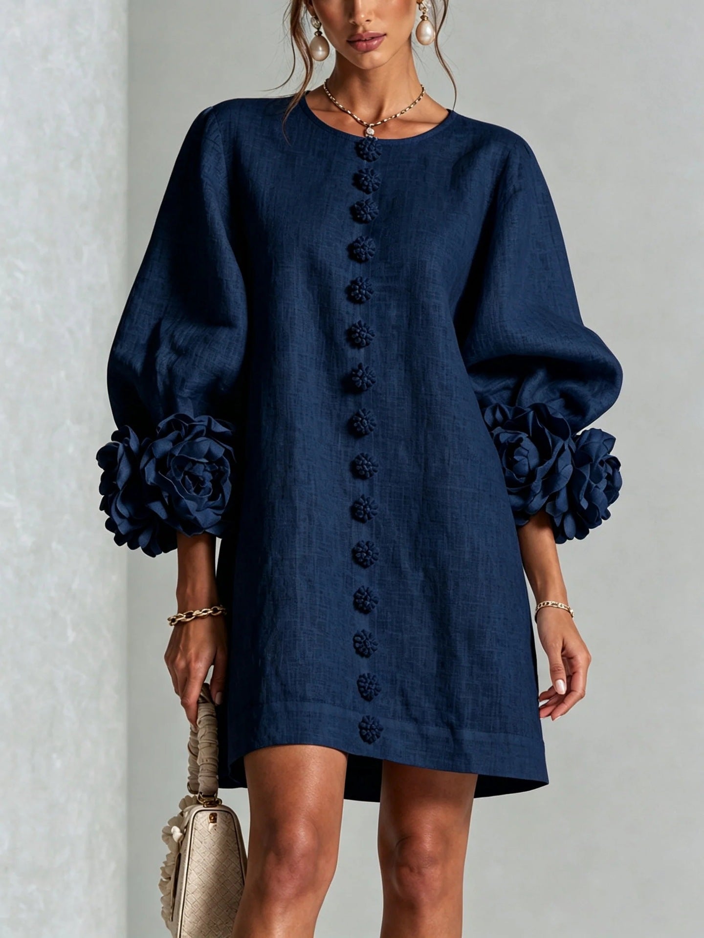 Women Blush Pink Fabric Floral Appliqué Balloon‑Sleeve Shift Mini Dress