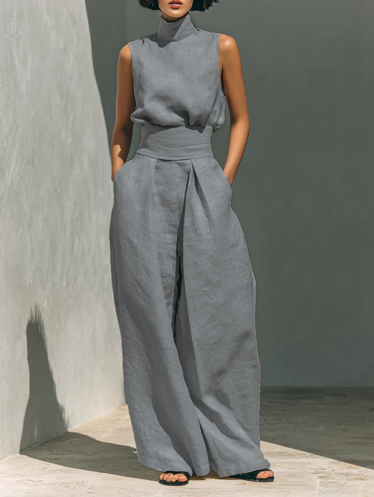 Women'S Sleeveless Turtleneck Top & High‑Waist Wide‑Leg Pants Two‑Piece Set