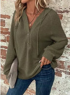 Waffle Knit Button Detail Hoodie