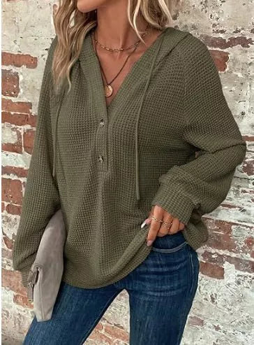 Waffle Knit Button Detail Hoodie