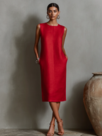 Women's Orange Linen Shift Dress With Sleeveless Round Neck & Side Pockets, Timeless Minimalist-Elegant Style Dress