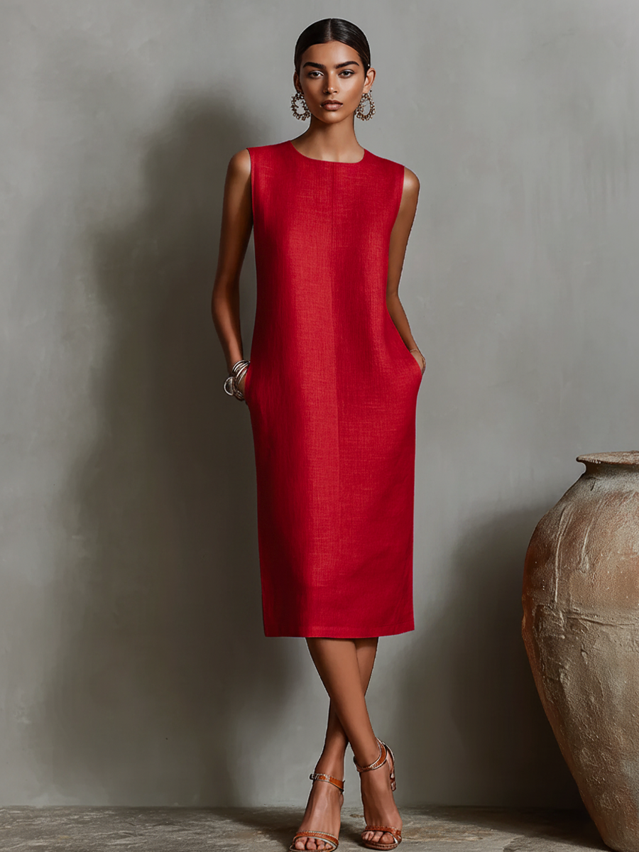 Women's Orange Linen Shift Dress With Sleeveless Round Neck & Side Pockets, Timeless Minimalist-Elegant Style Dress