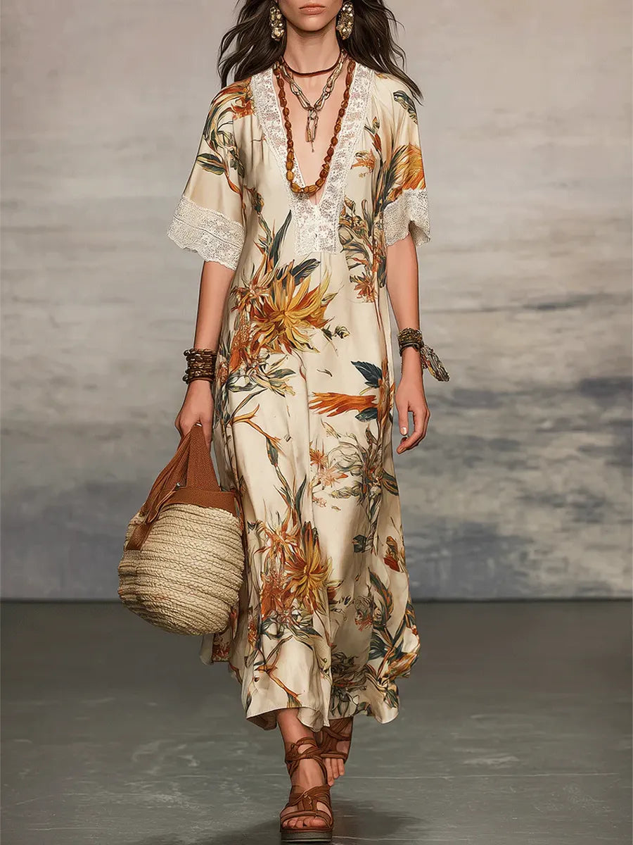 Women's Retro Floral Art Casual Stylish Short Sleeve Dress
