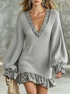 Women'S Ribbed Knit Leopard‑Trim V‑Neck Balloon Sleeve Mini Dress