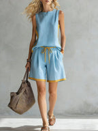 Solid Color Loose Casual Vest and Shorts Set