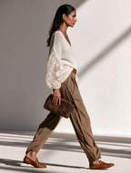 Women's V-Neck Open-Knit Lace-Panel Balloon-Sleeve Relaxed Wool-Knit Top