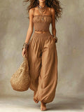 Spaghetti Strap Crop Top Baggy Harem Pants Boho Resort Wear Set