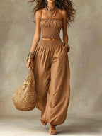 Spaghetti Strap Crop Top Baggy Harem Pants Boho Resort Wear Set