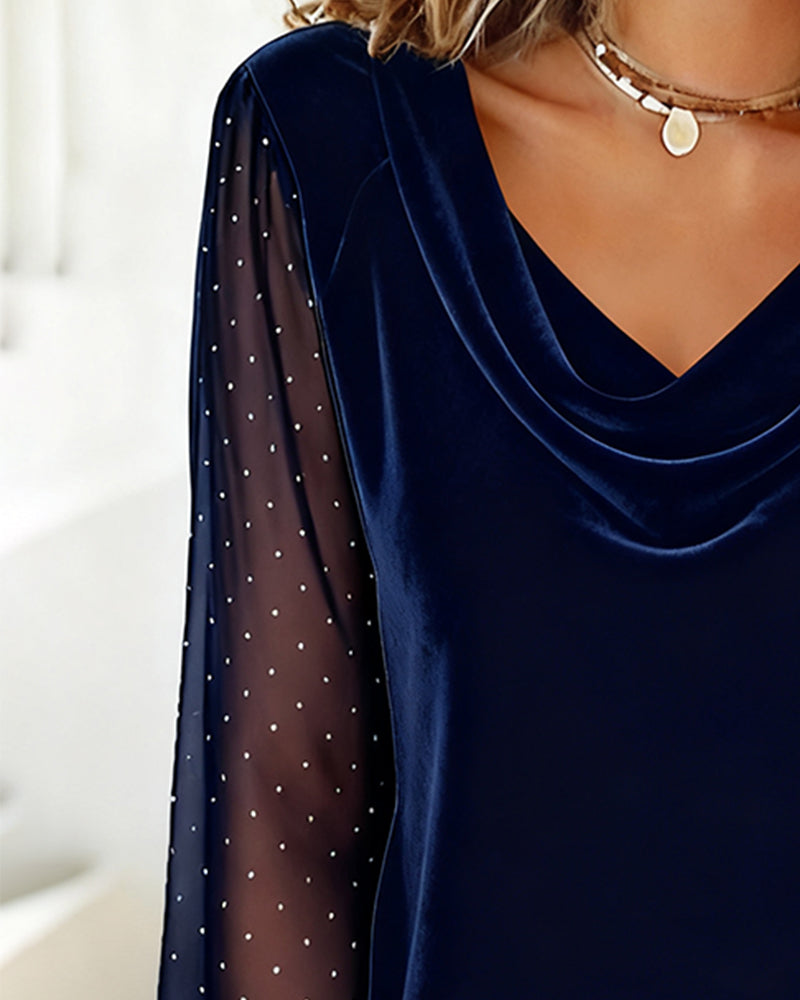 Draped Collar Patchwork Long-Sleeved Top