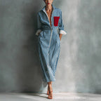 Women's Blue And White Cotton Blend Striped Shirt Dress With Red Chest Pocket
