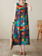 Loose Sleeveless Contrast Color Multi-Colored Plaid Round-Neck Midi Dresses
