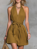 Halter Neck V-Neck Waist Tie Casual Holiday Women'S Dress