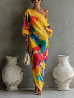 Women's Artistic Print One-shoulder Maxi Dress