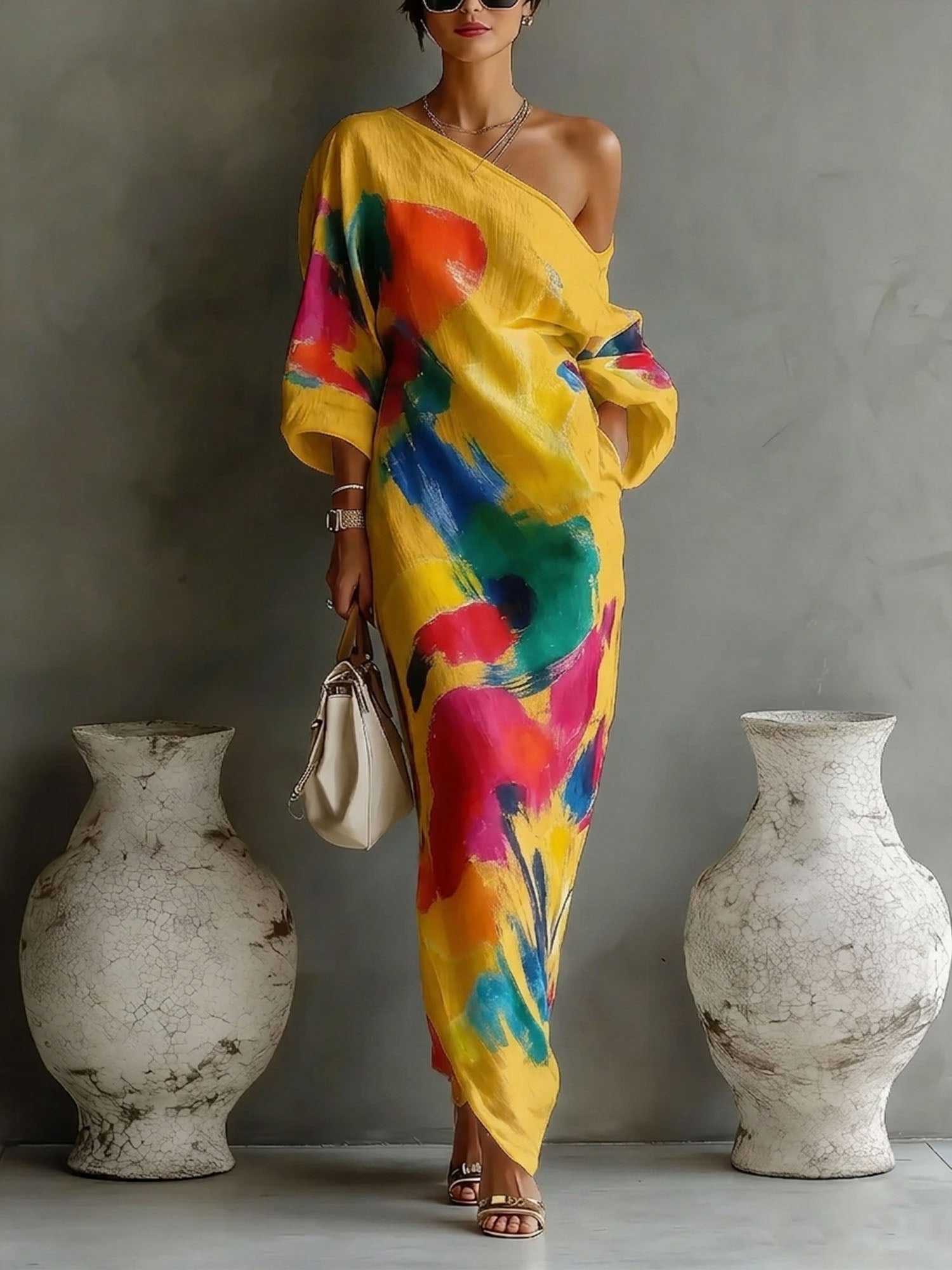 Women's Artistic Print One-shoulder Maxi Dress