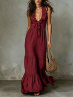 Loose Casual Deep V Ruffled Sleeveless Long Skirt Dress