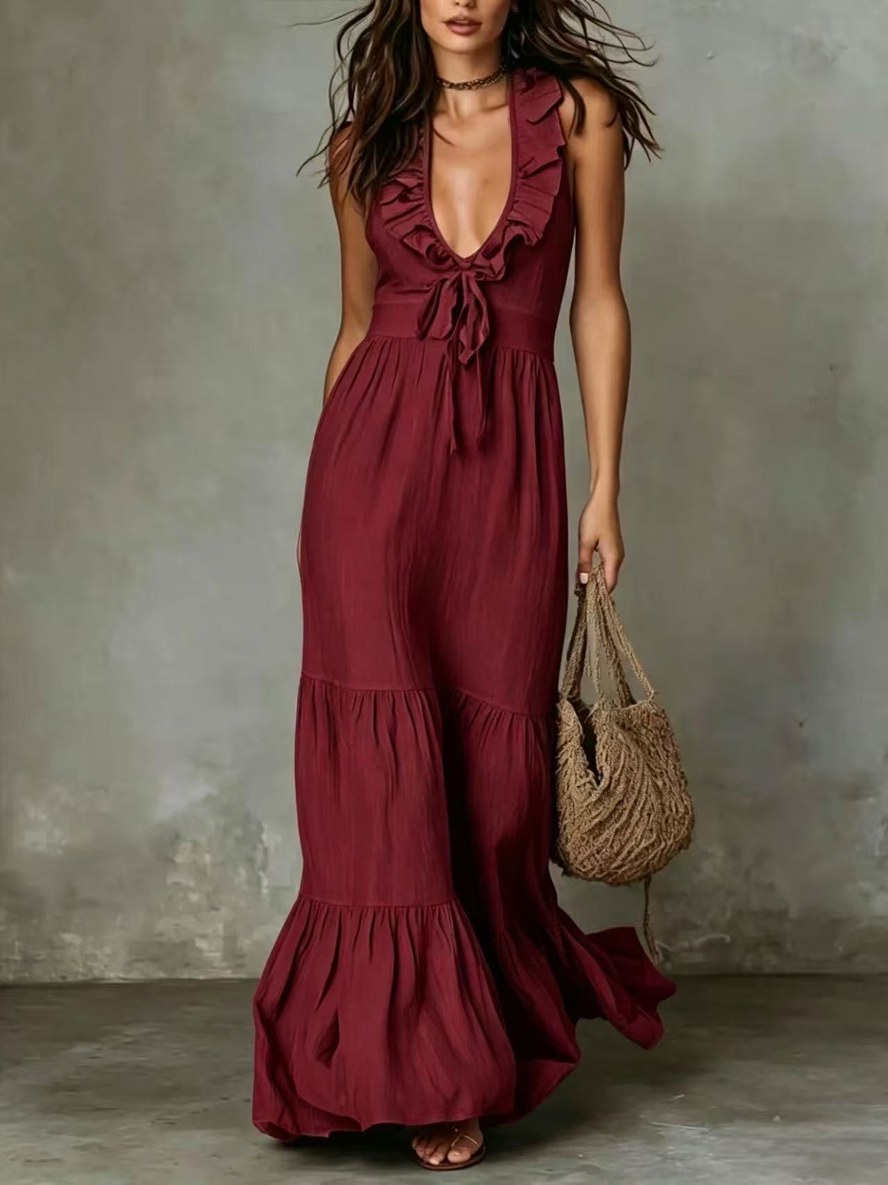 Loose Casual Deep V Ruffled Sleeveless Long Skirt Dress