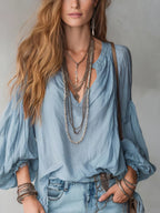 Split V-Neck Puff Long Sleeve Loose Textured Blouse