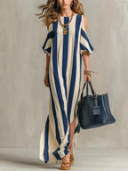 Vertical Stripe Cold Shoulder Split Maxi Shift Dress