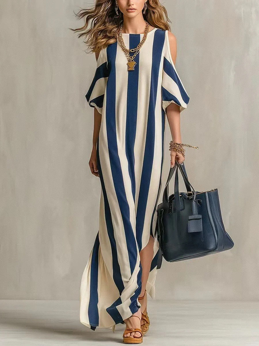 Vertical Stripe Cold Shoulder Split Maxi Shift Dress