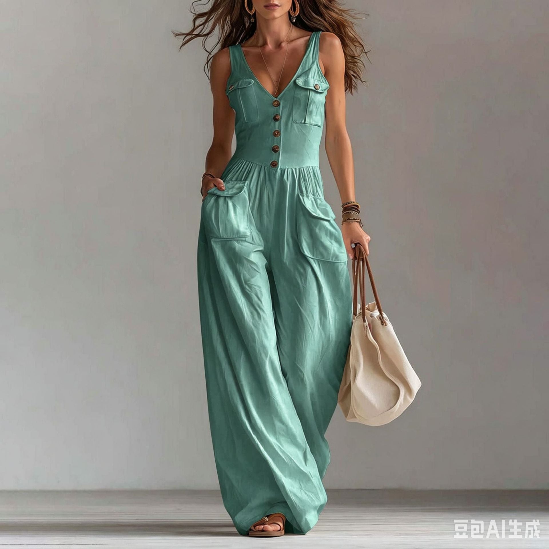Solid Color Button Pocket Loose Casual Suspender Jumpsuit For Women