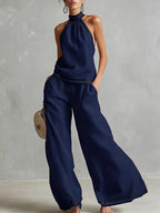 Halterneck Sleeveless Wide-Leg Pants Suit For Women