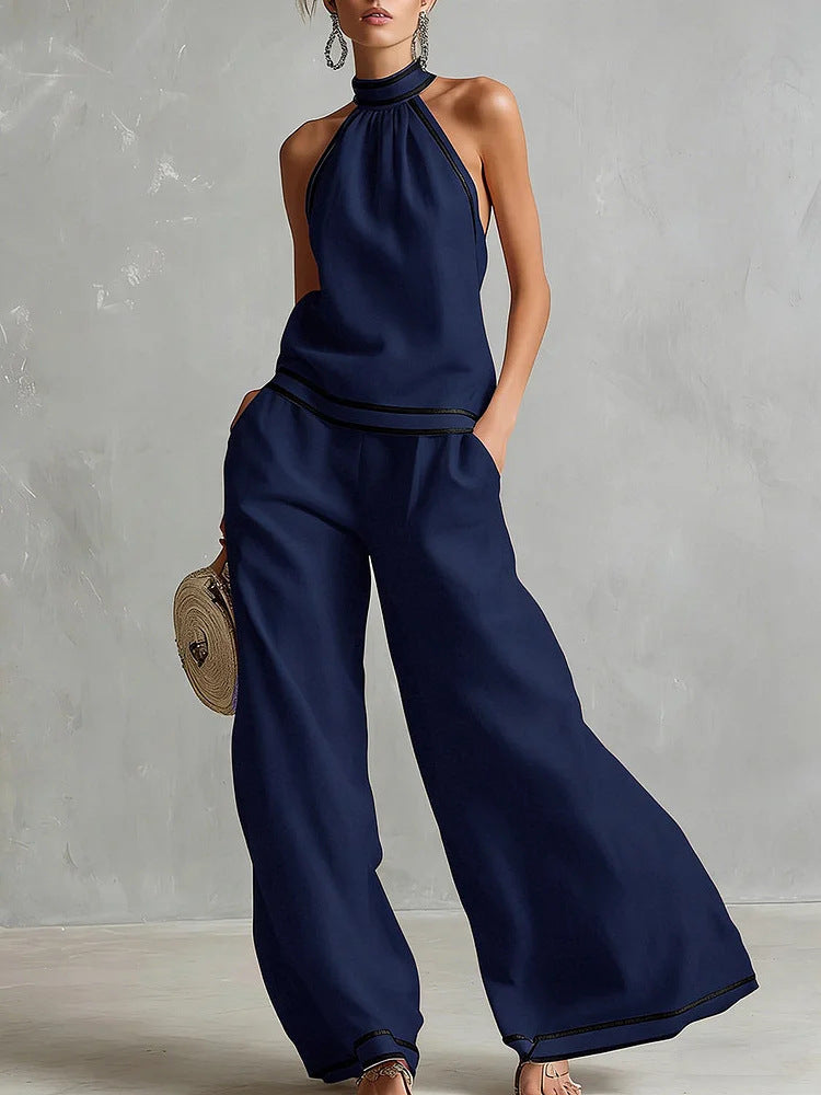 Halterneck Sleeveless Wide-Leg Pants Suit For Women