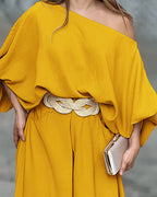 Skew Neck Lantern Sleeve Loose Top & Zipper Fly Wide Leg Pants Set Without Belt