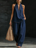 Stylish Urban Retro Denim Sleeveless Top And Wide Leg Pants Set