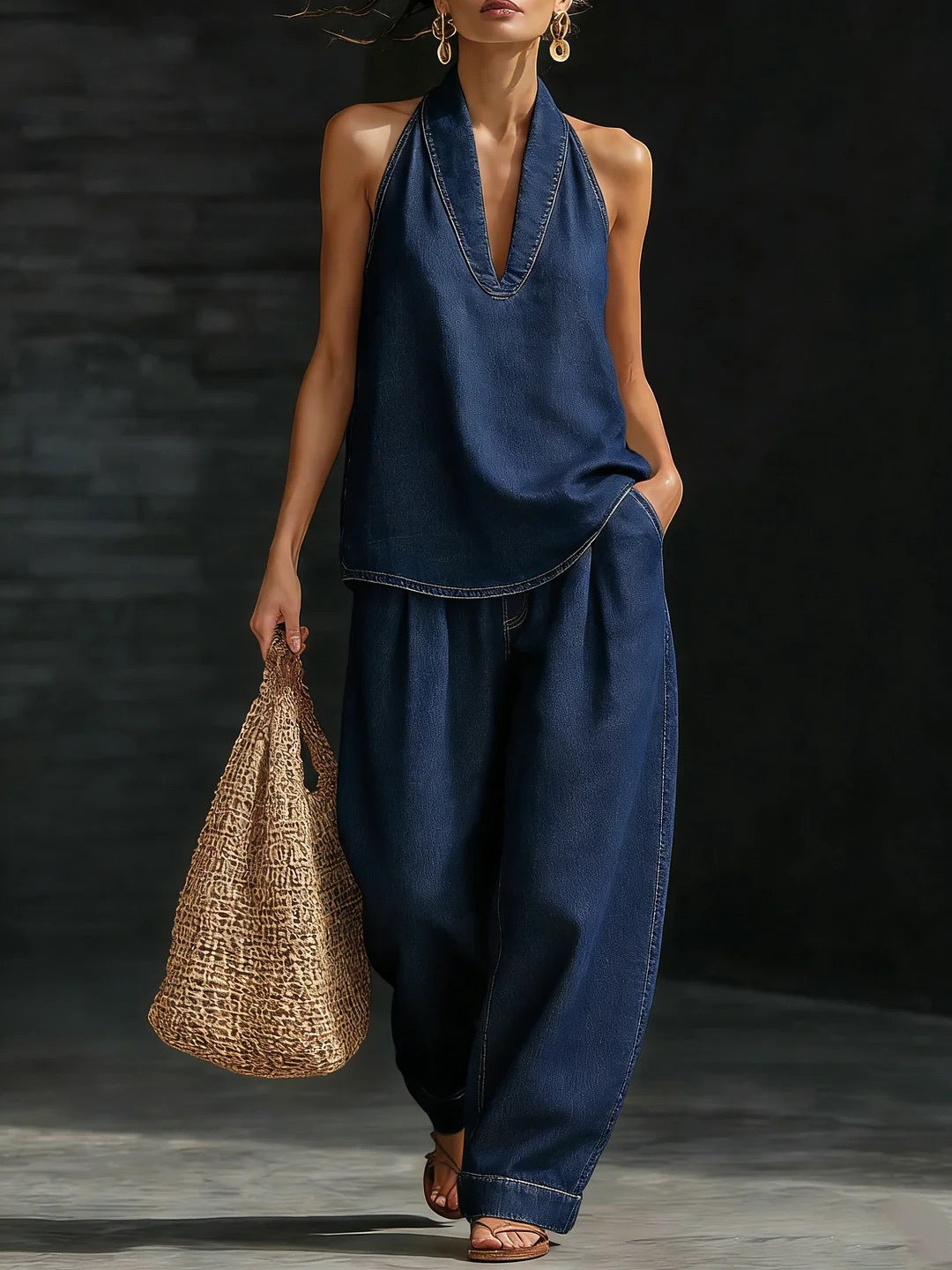 Stylish Urban Retro Denim Sleeveless Top And Wide Leg Pants Set