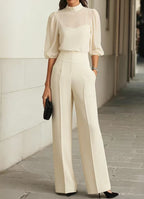 Women'S Mesh Puff‑Sleeve Mock Neck Top & High‑Waist Wide‑Leg Pants Two‑Piece Set