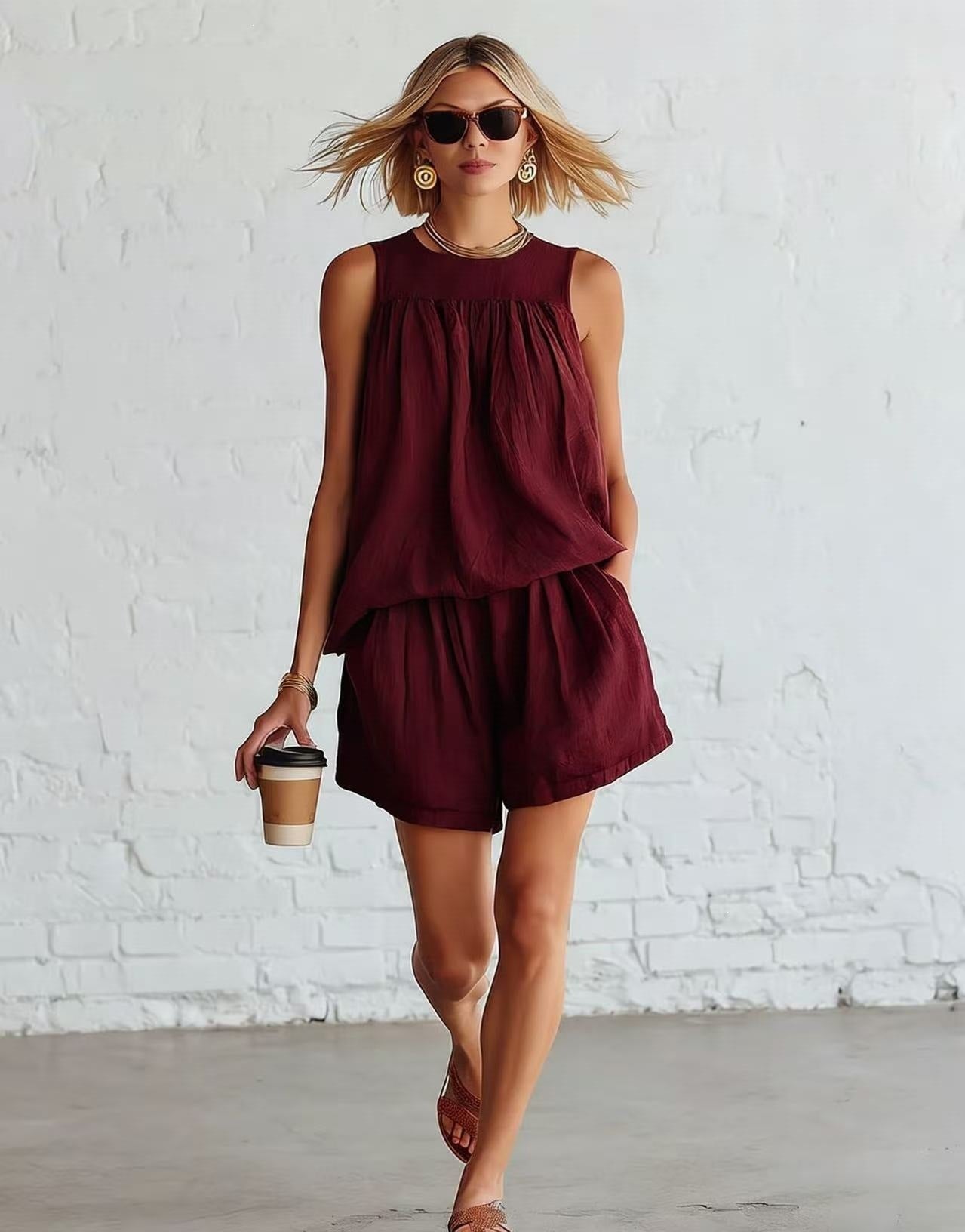 Crinkled Casual Two Piece Short Set