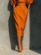 Women's Orange Mid-sleeve Top And Midi Skirt Set