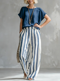 Cozy Loose-fit Striped Cotton-linen Two-piece Set