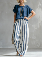 Cozy Loose-fit Striped Cotton-linen Two-piece Set