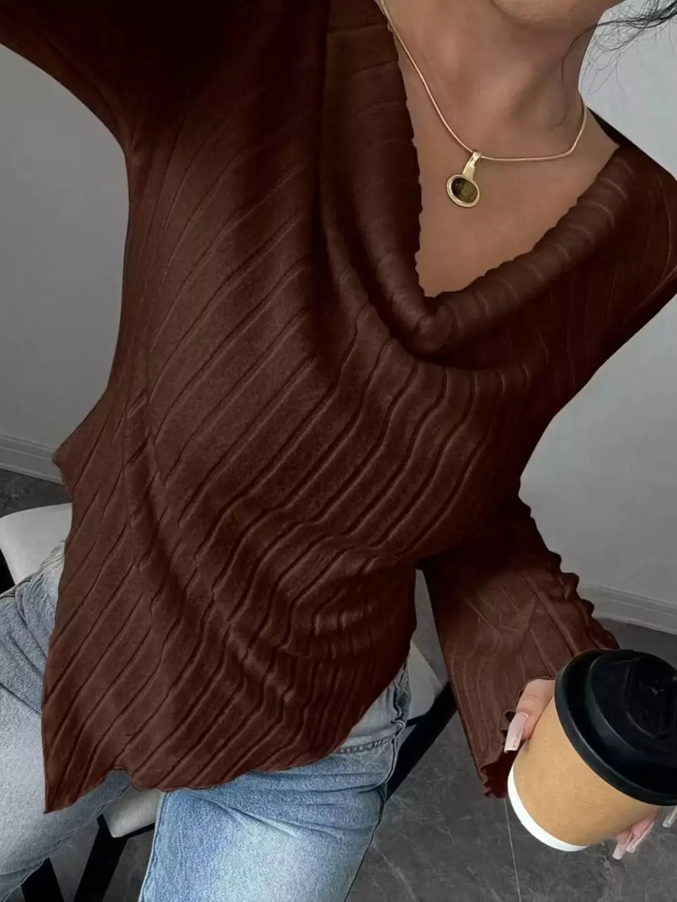Cowl Neck Ribbed Knit Top