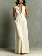 Women's Minimalist Linen-Blend Collared Single-Breasted Sleeveless Maxi Shirt Dress