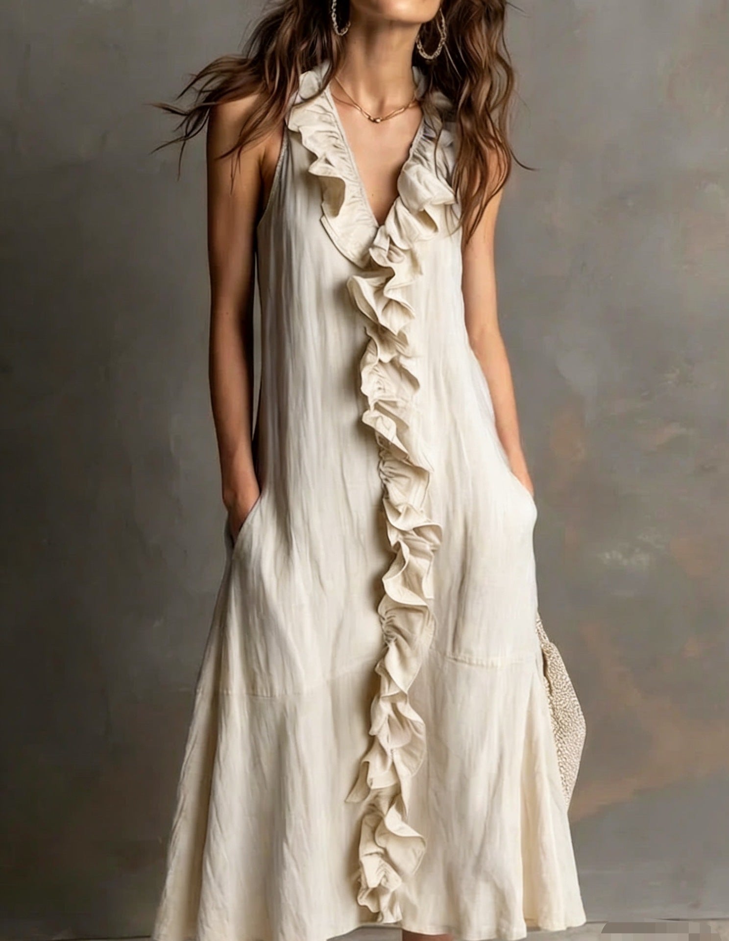 🌿 Ruffle V-Neck Sleeveless Midi Dress