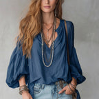 Split V-Neck Puff Long Sleeve Loose Textured Blouse