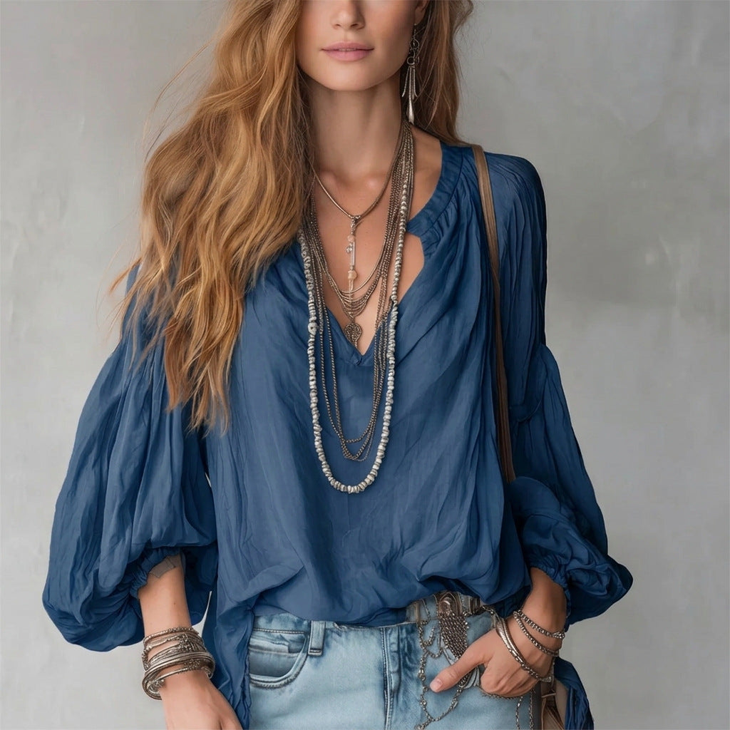 Split V-Neck Puff Long Sleeve Loose Textured Blouse