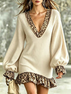Women'S Ribbed Knit Leopard‑Trim V‑Neck Balloon Sleeve Mini Dress