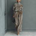 Women'S Velour Drop‑Shoulder Top & Pleated Wide‑Leg Pants Two‑Piece Set