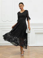 Sheer Sleeve V-Neck Floral Dress