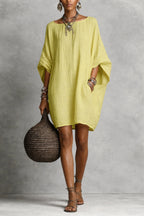 Women's Solid-color round-neck 3/4-sleeve Casual Loose Cotton-linen Dress